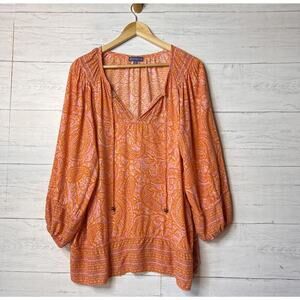 Democracy Blouse Womens Size XL Pink & Orange Paisley Bohemian Tassels